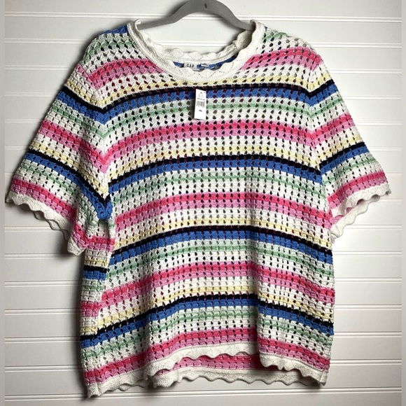 GAP Sweaters - GAP NWT Womens Multicolor Short Sleeve Sweater SZ XXL Crochet Top Beach Vacation